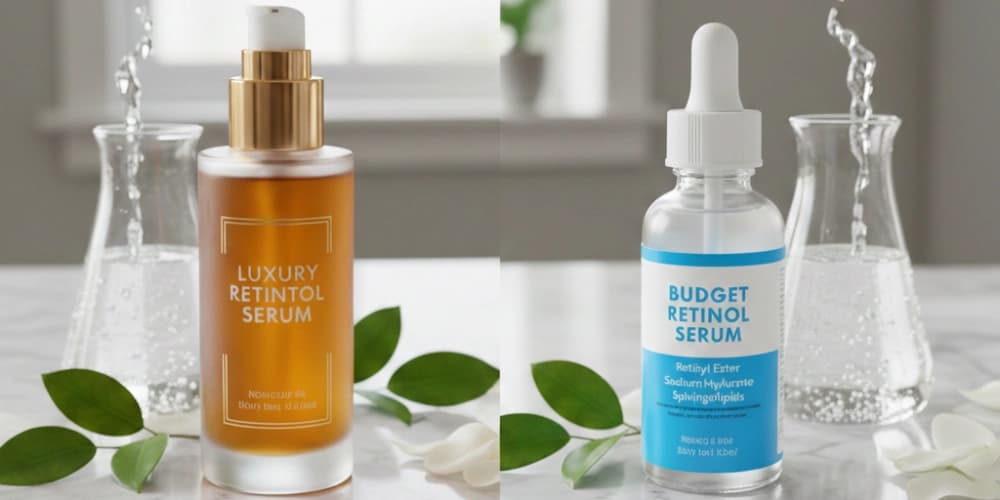 Comparison of luxury and budget retinol serums showing similar ingredient profiles