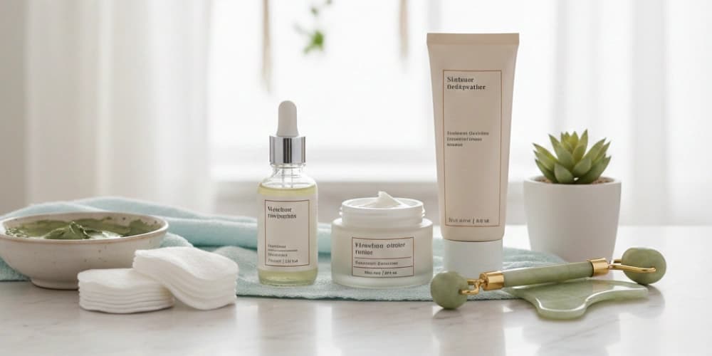 Organized collection of skincare products arranged in order of application